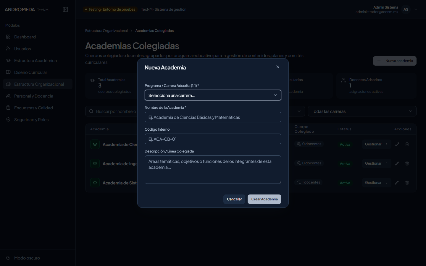 Modal Crear Academia