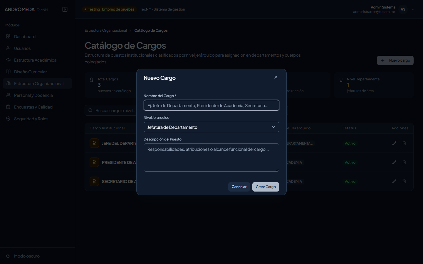 Modal Crear Cargo