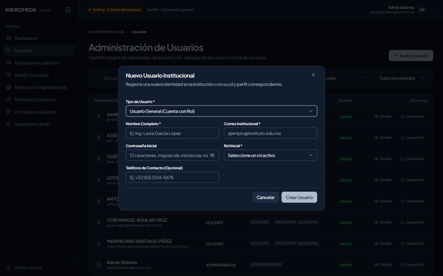 Formulario Modal de Alta de Usuario
