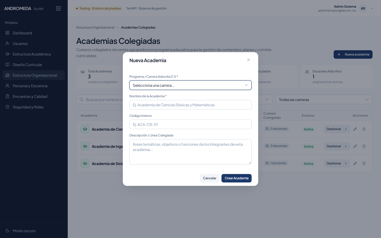 Modal Crear Academia