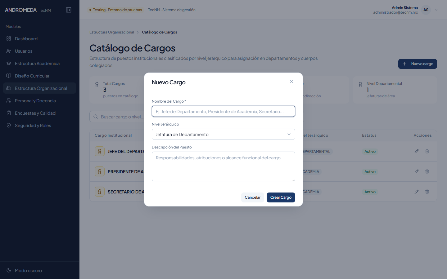 Modal Crear Cargo