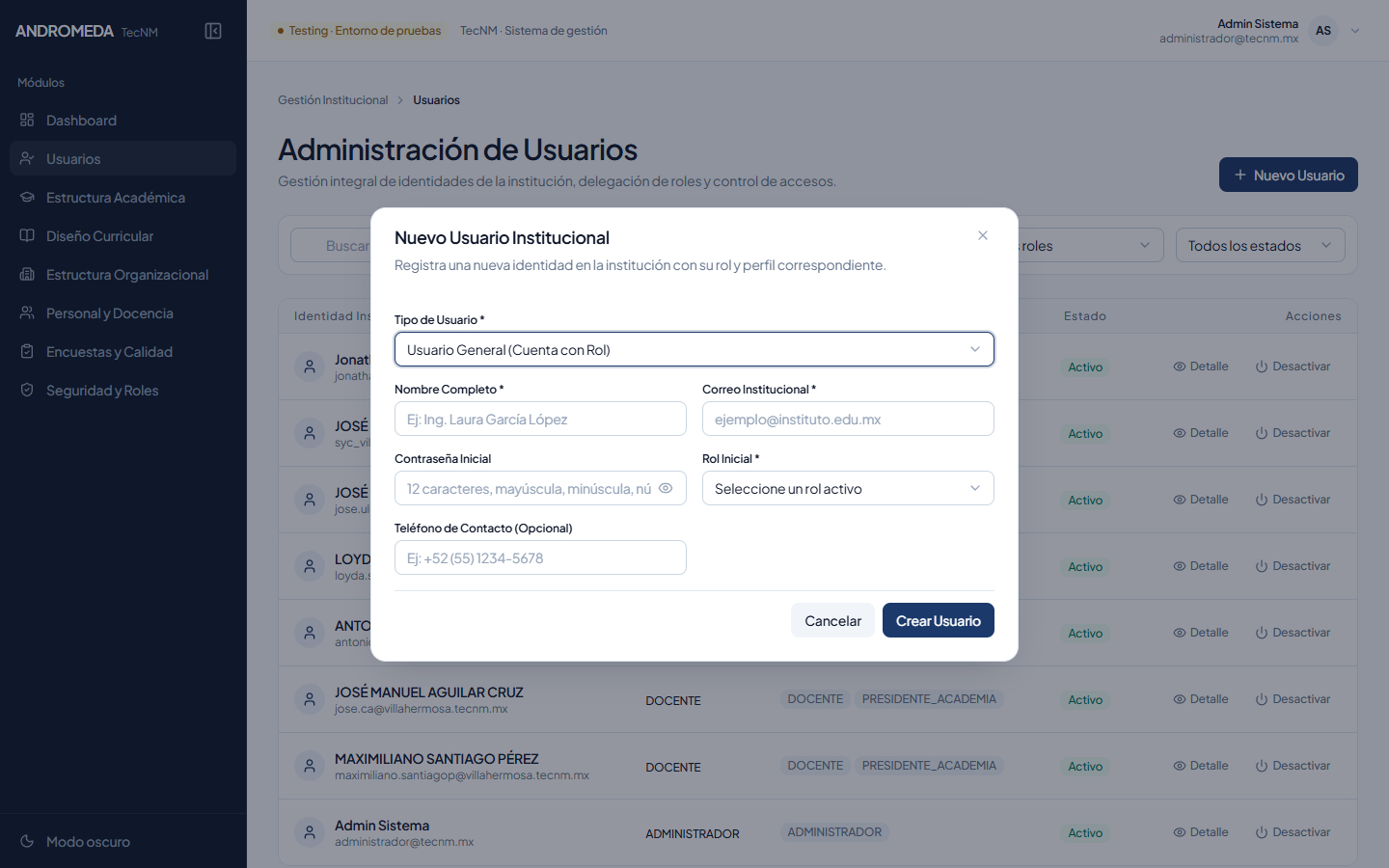 Formulario Modal de Alta de Usuario